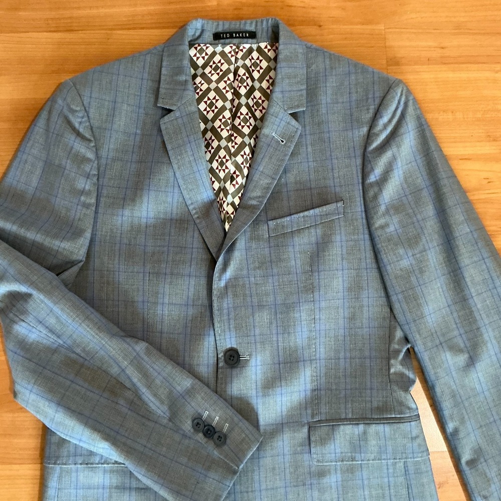 Ted Baker London 38R Gray Blue Windowpane Blazer Modern Fit Sport Coat Wool